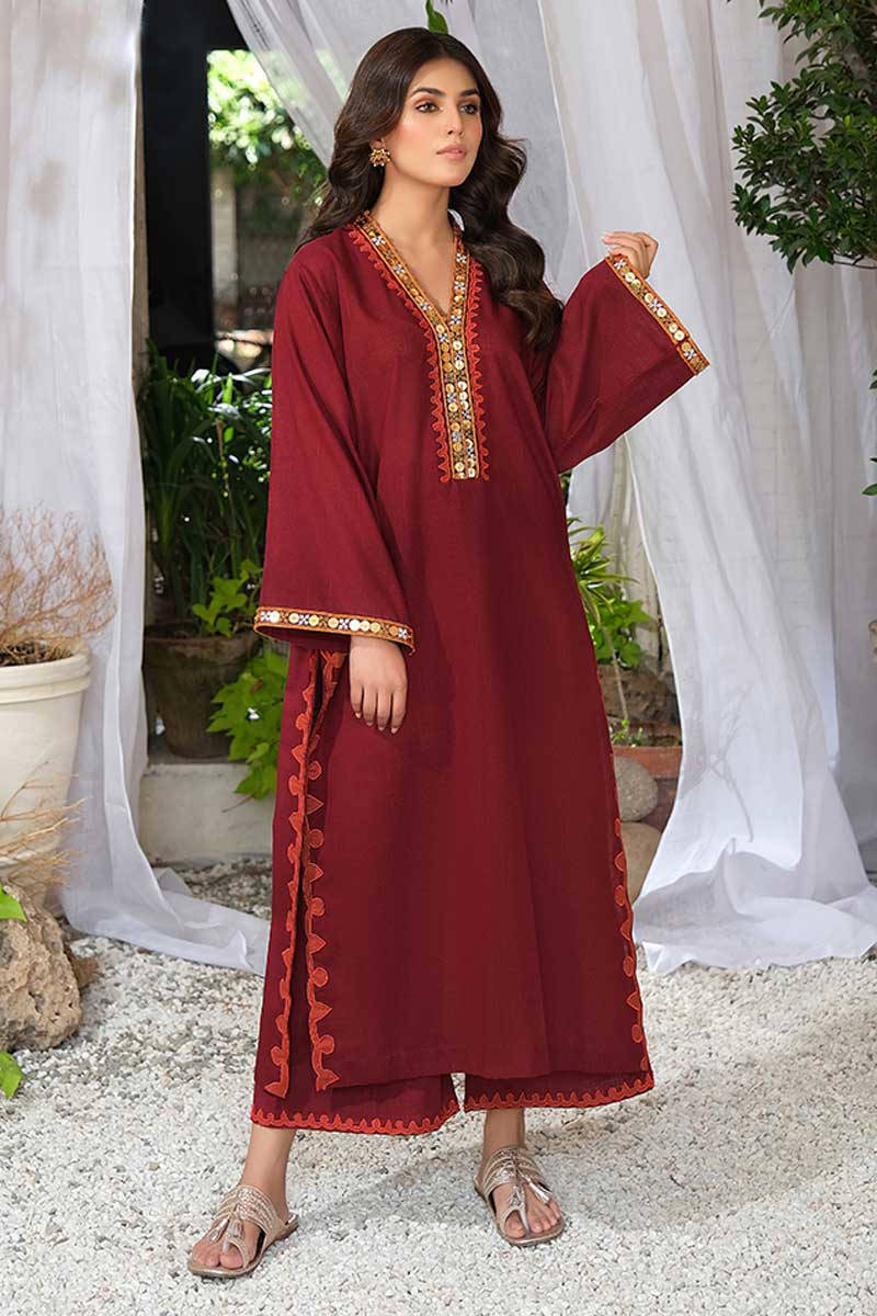 Rustic Red Embroidered Cotton Silk Pants Style Suit