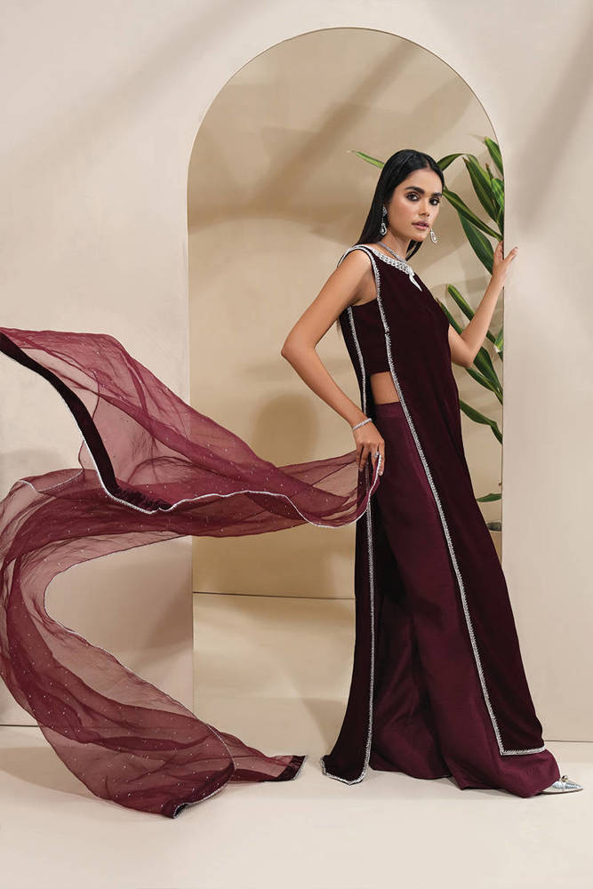 WINE VELVET SUIT WITH TULIP PANTS